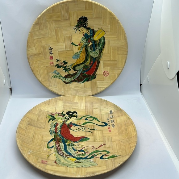 Other - Decorative Set of Two 11’inch. Bamboo Wall Art with Asian Design Plates
